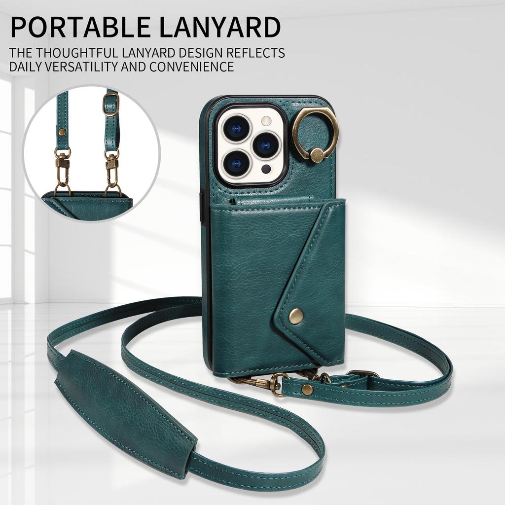 Applicable To iPhone16 Mobile Phone Case 15Pro Lychee Pattern Ring Buckle Multi-function Card Wallet Oblique Span Protective Case