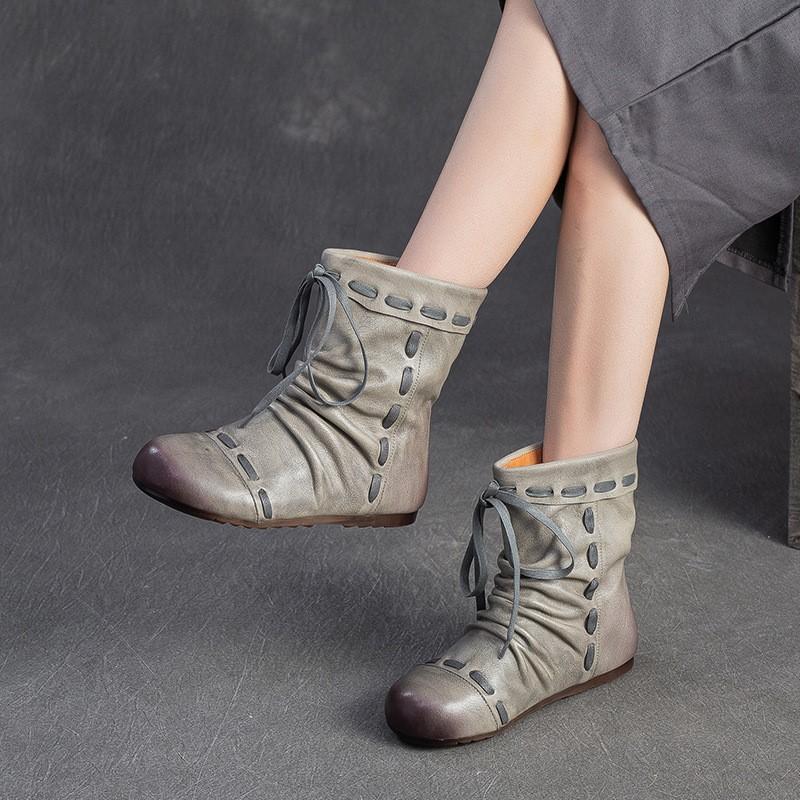 Fashion GKTINOO 2025 Autumn/Winter New Genuine Leather Pleated Round Toe Short Boots Retro Soft Soled Versatile Women's Shoes