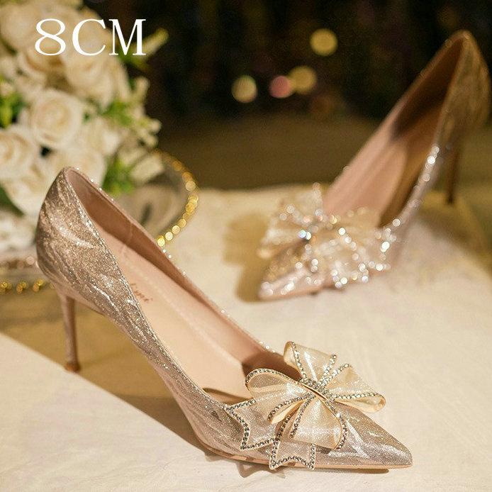 Fashion High Heels Women Silver Chunky Glass Slipper Wedding Shoes Two Wear Gold Mid-Heel Bridesmaid Shoes