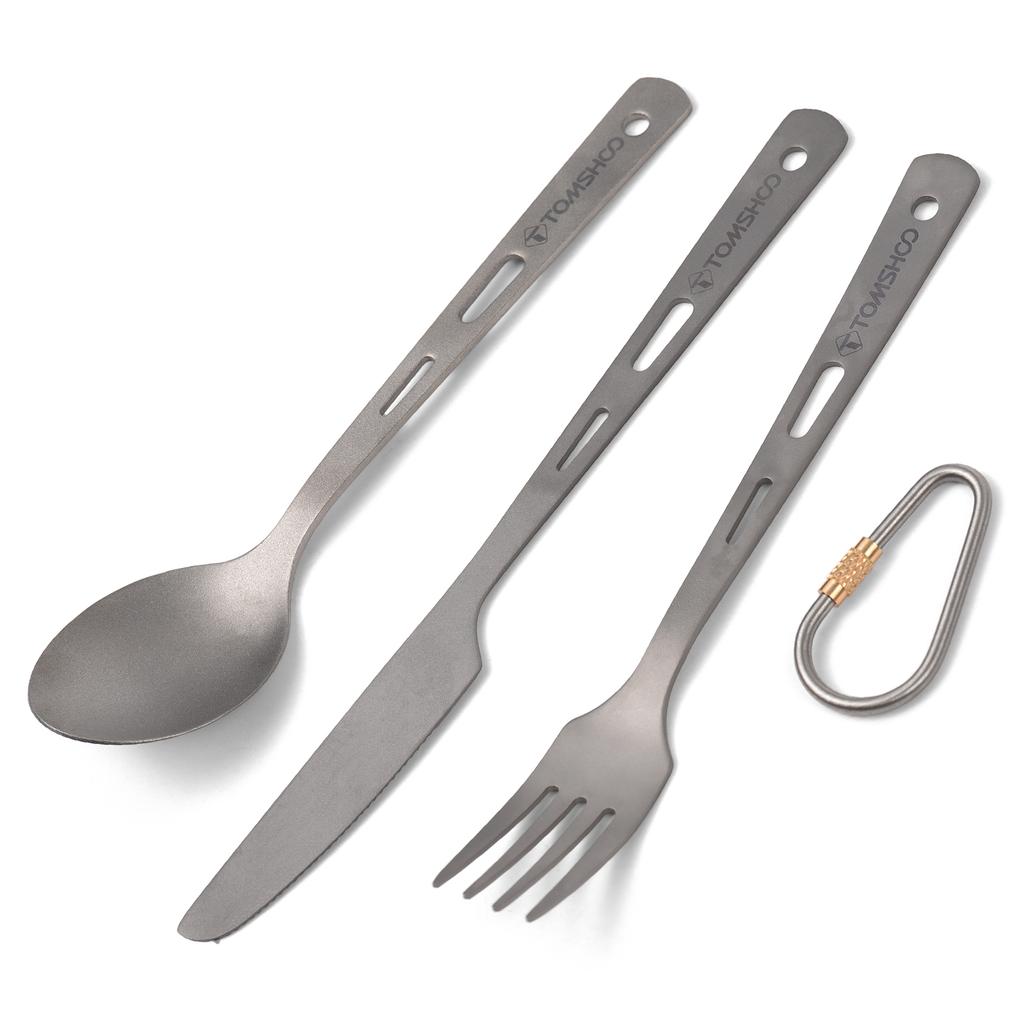 TOMSHOO Titanyum 3 Parça Çatal Bıçak Takımı Karabina ve İpli Hafif Kaşık Çatal Kesici