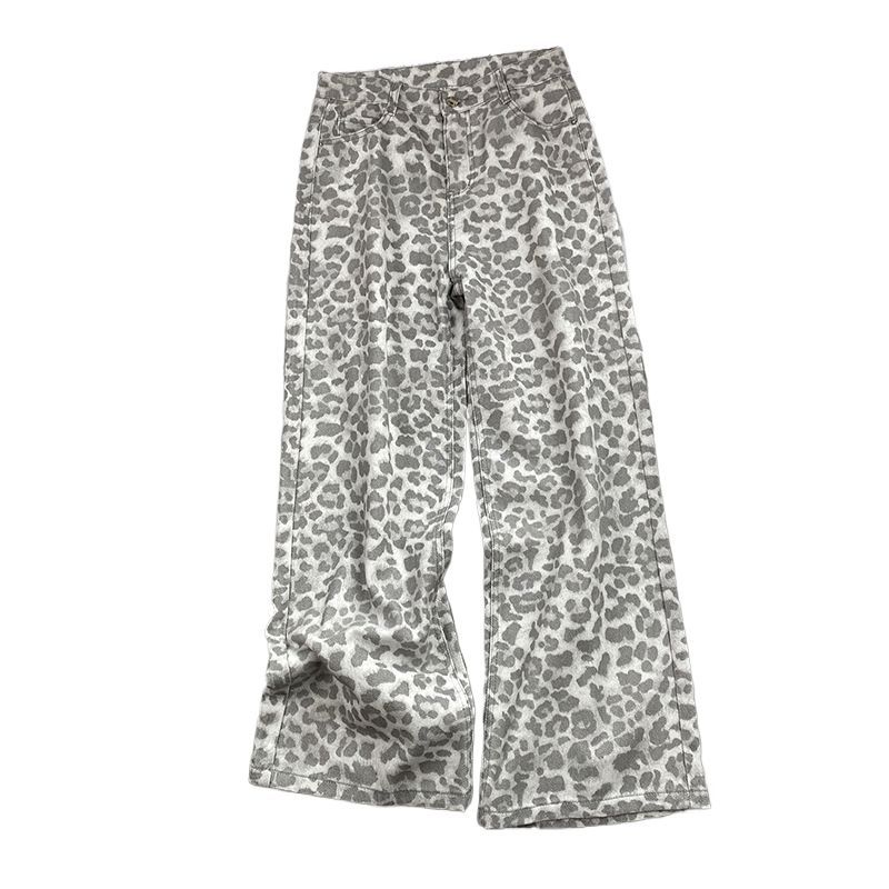 Retro large size wide-leg jeans women's autumn new American mid-waist loose and thin leopard print straight trousers