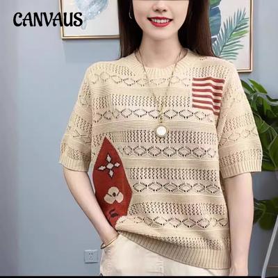 Sommer Hohl Rundhals Modische Gestrickte Dünne Lose Bottoming Mode Kurzen ärmeln Damen T-shirt Tops