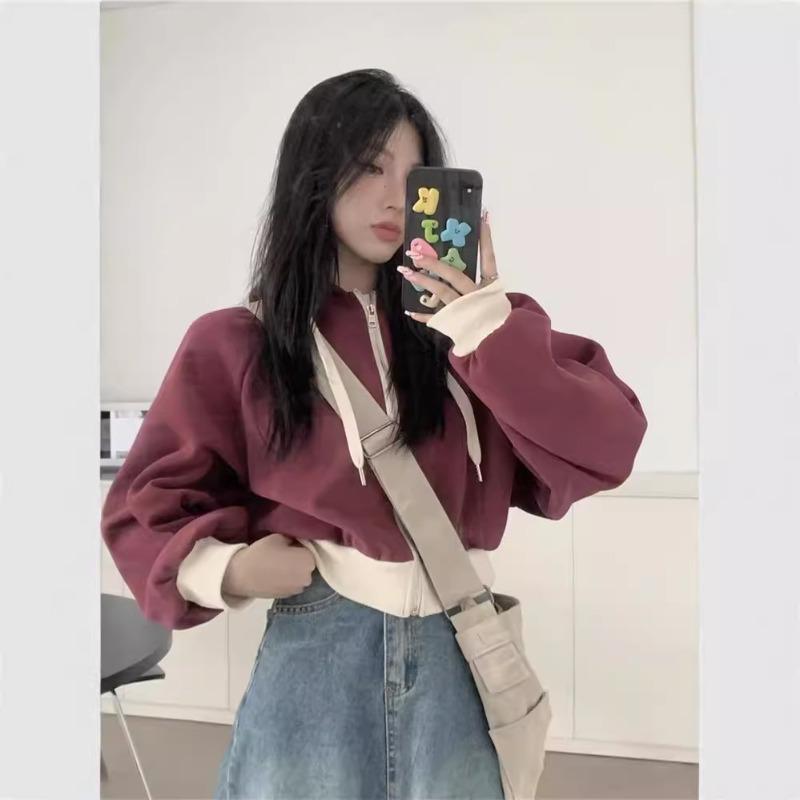 Wind color matching hooded sweater women's autumn loose and thin short small zipper cardigan top