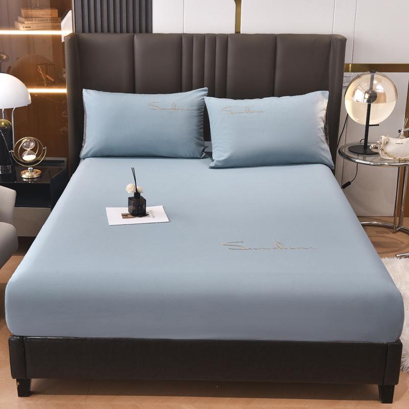 New Light Luxury Embroidered Single Fitted Sheet Solid Color Fitted Sheet Non-slip Washed Cotton Bed Cover Seat