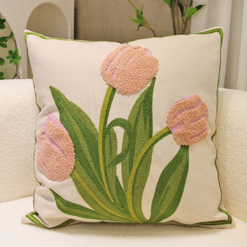 

Наволочка в кремовом стиле для спальни, полностью хлопковая, чехол для подушки спинки, минималистичная вышивка цветами, тюльпан, мягкая квадратная тканевая подушка ручной работы Pink Tulip 45x 45cm (pillowcase)
