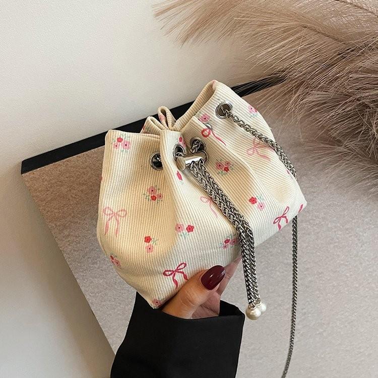Trendy Soft Fabric Drawstring Bucket Bag With Chain For Women Ideal For Daily Outfits