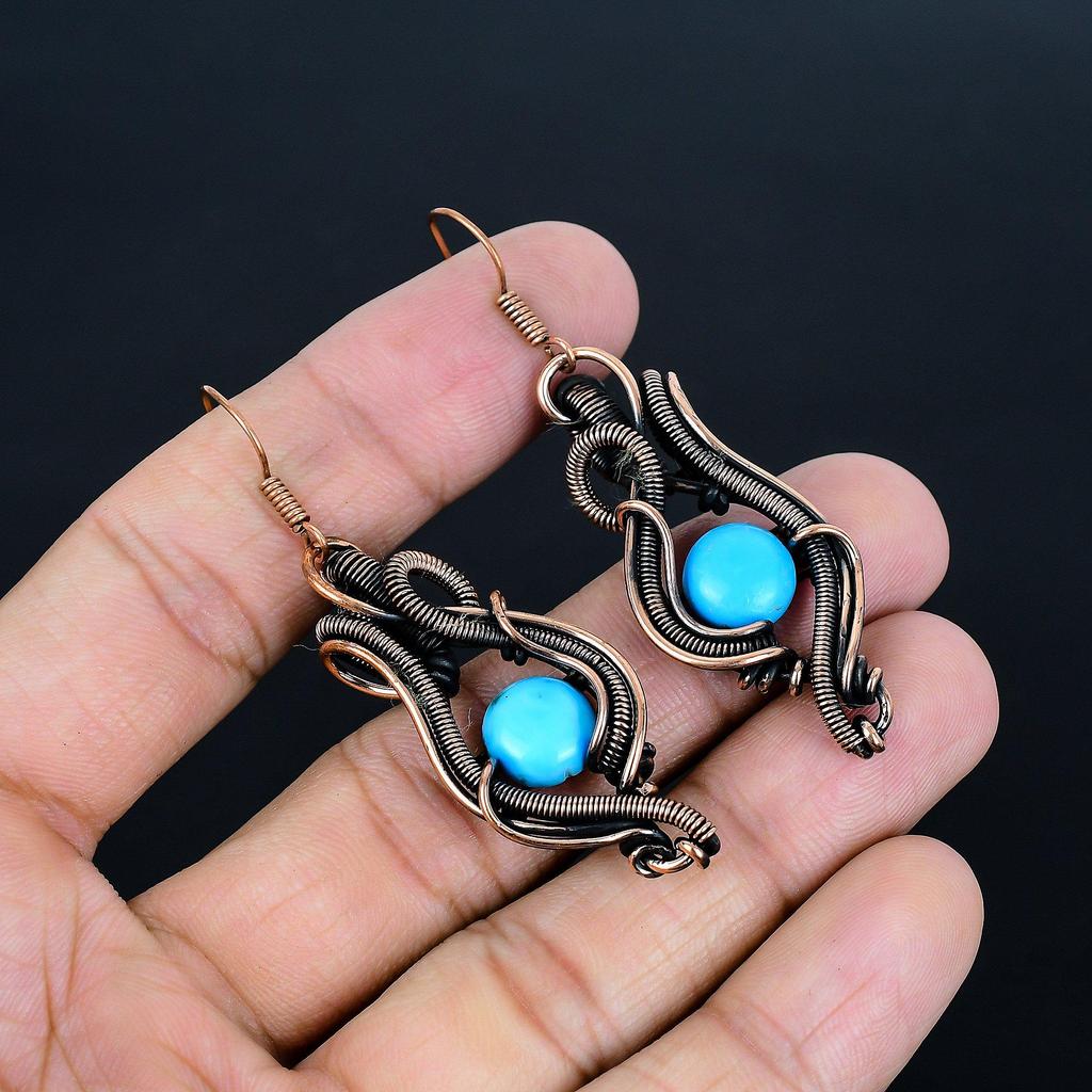 Sleeping Beauty Turquoise Earrings, 999 Copper Wire Wrap Gemstone Jewelry, Handmade Earrings, For Thanksgiving