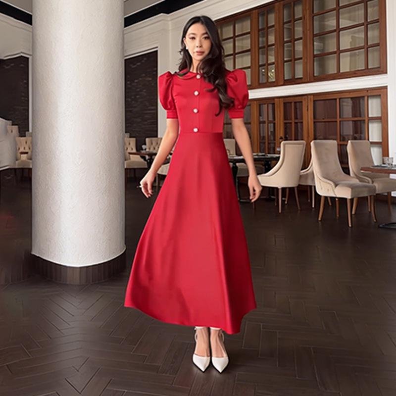 European & American Women's Fashion: Solid Color Round Neck Short Sleeve Buttoned Bodycon Dress (Style 2026)