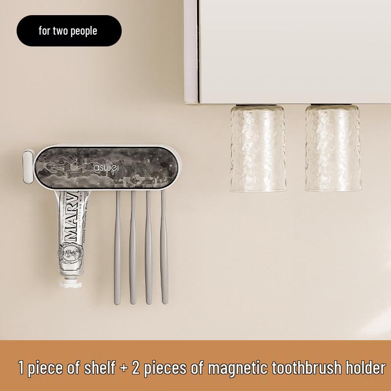 Glacier Pattern Wall-Mounted Toothbrush Holder with Toothpaste Squeezer and Magnetic Inverted Rinsing Cup