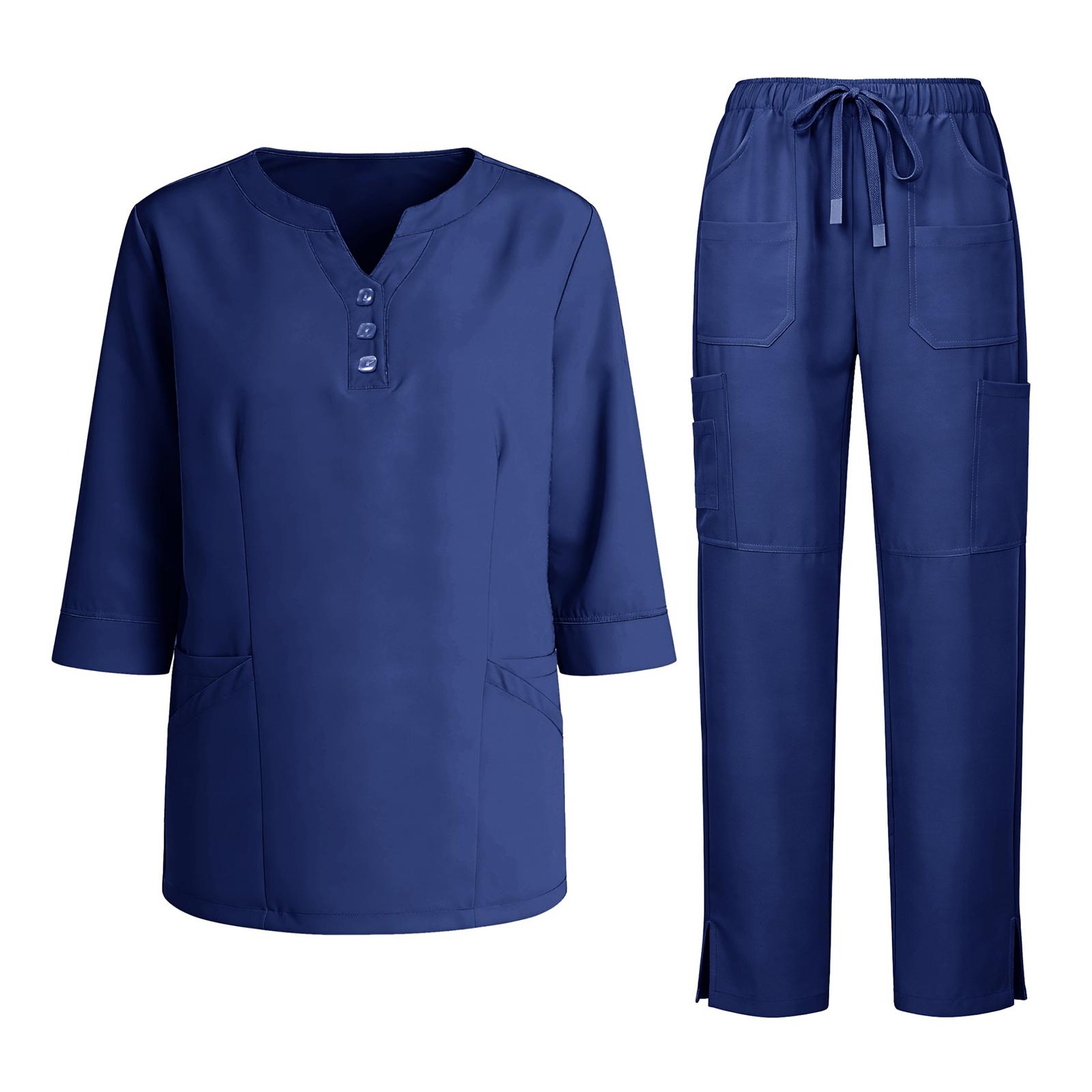 

Women s Short Sleeved Color Round Neck Pocket Top Pants Work Clothes Two Piece Set XL Темно-синій