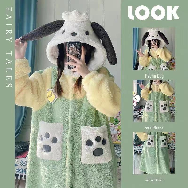 Women's Coral Fleece Hooded Pajama Set - Cute Cartoon Nightgown for Autumn/Winter