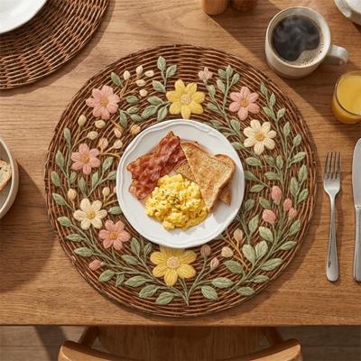 6PCS Non-slip Round Placemat Anti-scald Coffee Cup Mats Flower Linen Table Mat  Table Setting