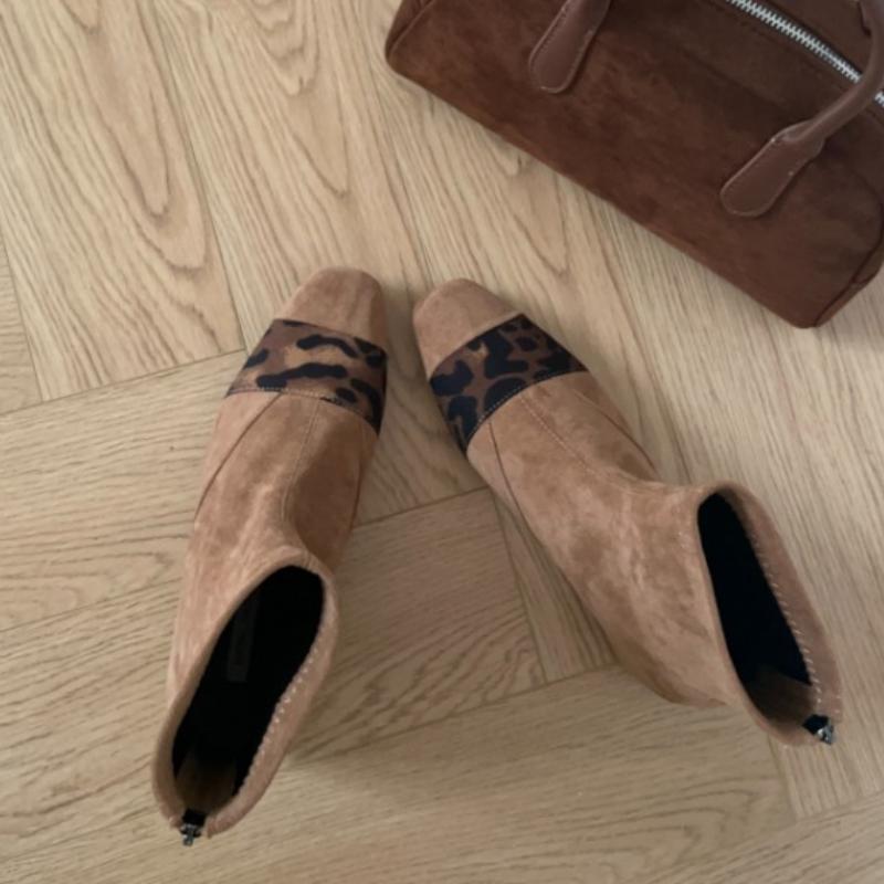 Fashion 2024 New Square Toe Women Ankle Boots Black Brown Leopard Flat Low Heels Short Boots Woman Back Zipper Party Chelsea Boots Woman 35 3579₽