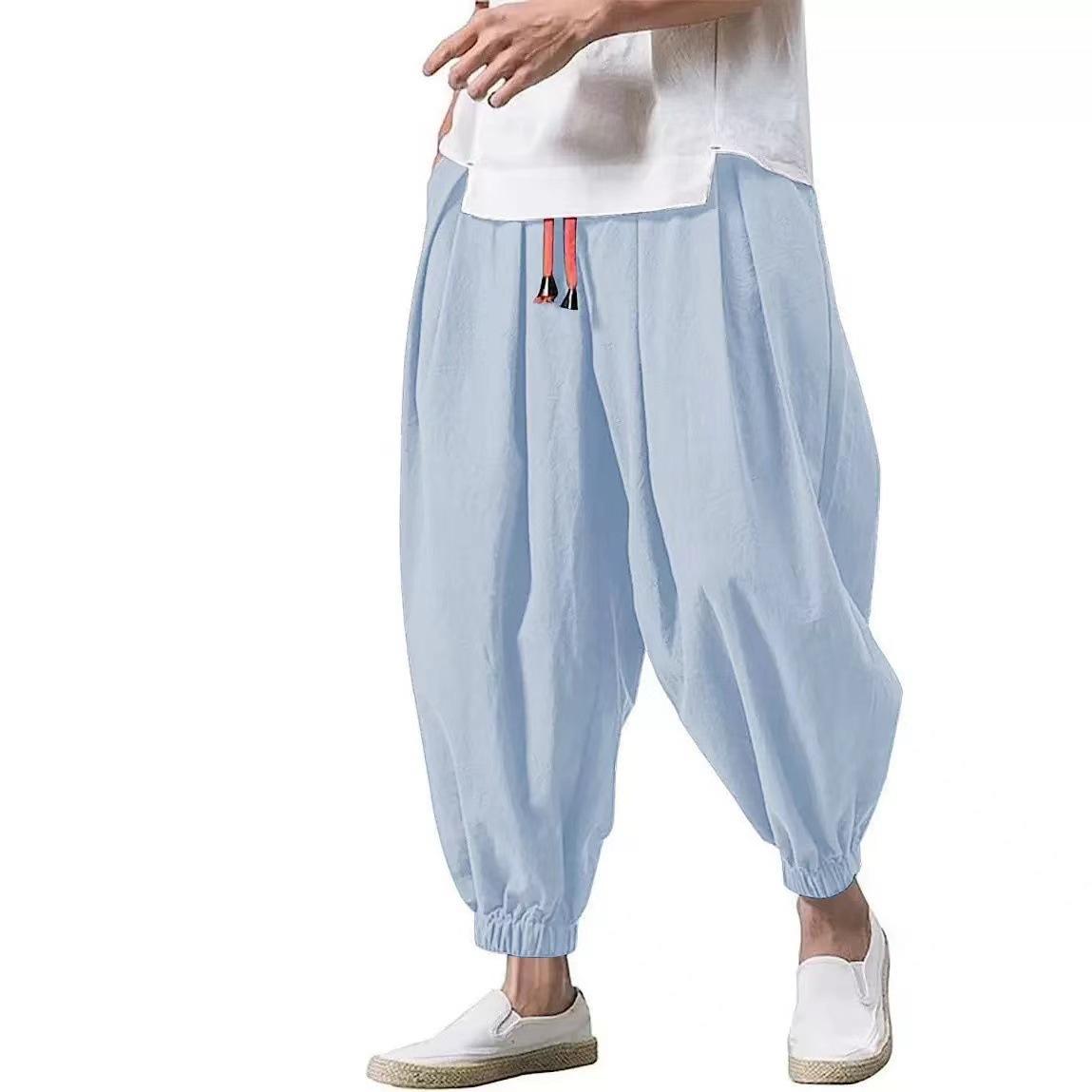 Men Casual Loose Fit Lantern Pants Cotton Linen Drawstring Jogger Pants Wide Leg Harem Trousers Elastic Cuff Lightweight Breathable XXXXXL