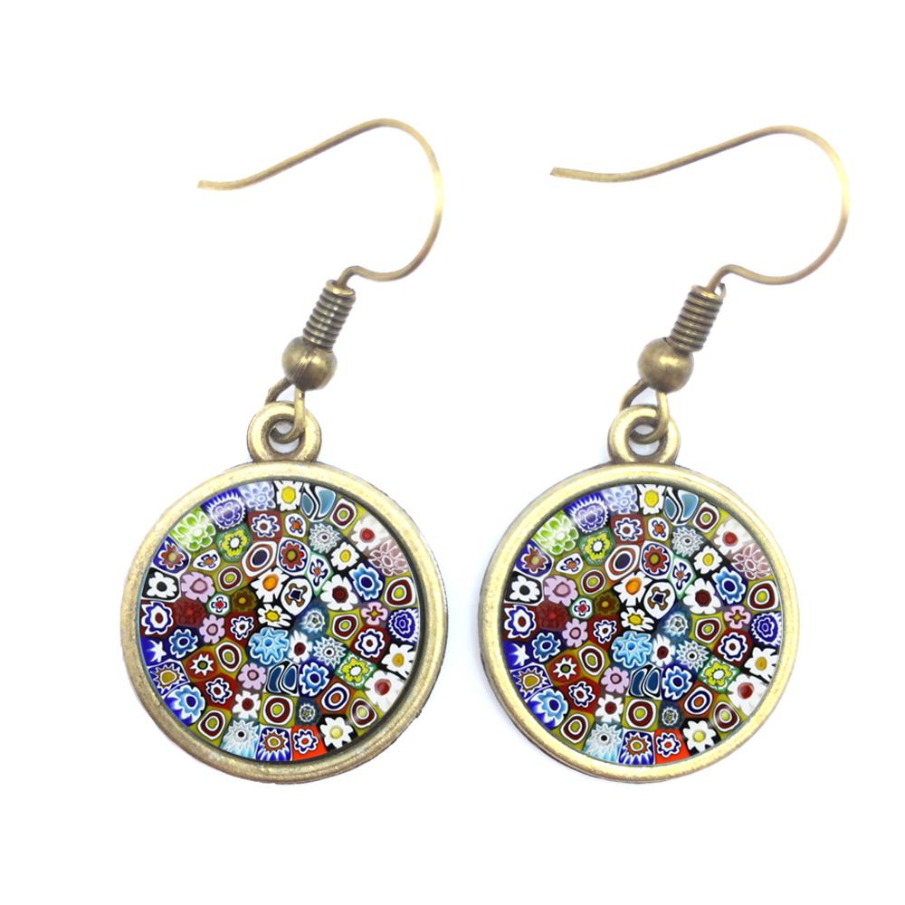 Murano Millefiori Drop Earrings MultiColour Flower 16mm Glass Cabochon Earring Jewelry For Women Girls Gift