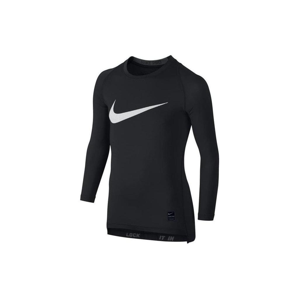 Nike Logo Print Casual Crew Neck Long Sleeve T-Shirt Kids Tops Black 726460-010