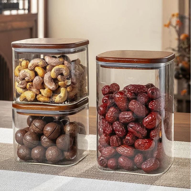 Quality Glass Sealed Canister Kitchen Food Storage Bottles with Walnut wood Lid Jars Grains Tea Leaf Coffee Beans Candy Jar