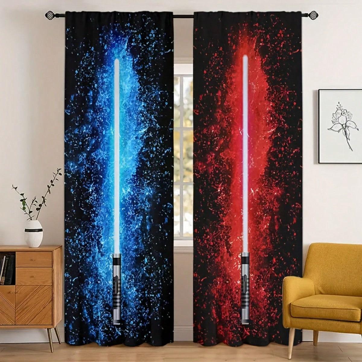 2pcs Modern Blue & Red Laser Sword Print Curtains - Semi-Shading Protection Fade Brushed Fabric Window Drapes With Sword Design 60×150cm