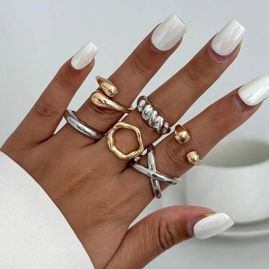 Salircon 6Pcs/Set Punk Creative Irregular Mixed Color Open Rings for Women Trendy Adjustable Drop Rings Jewelry Accessories Gift