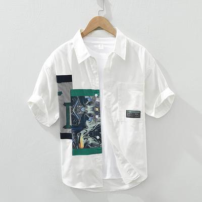 Korejská móda Letní topy Nová pánská košile s krátkým rukávem Mládež Streetwear Patchworkové tištěné košile Pánské