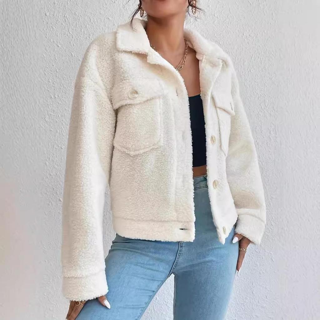 Women's Short Plush White Wool Coat - Winter Design
