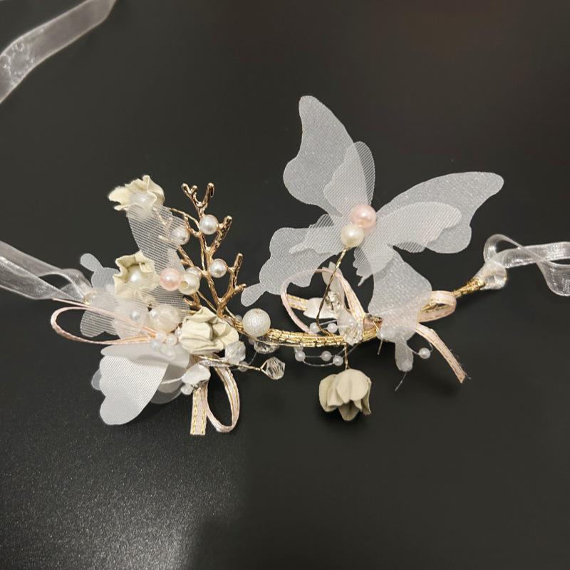 Golden Fairy Leaf Flower Pearl Headband - Elegant European Crown for Girls' Weddings