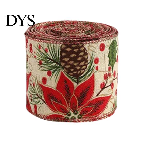 Decorative Ribbon for Christmas Decorations 1 Roll Burlap Gift Wrapping Tree Decor, Vintage Patterned Imitation Linen Wired Fabric DIY Crafts