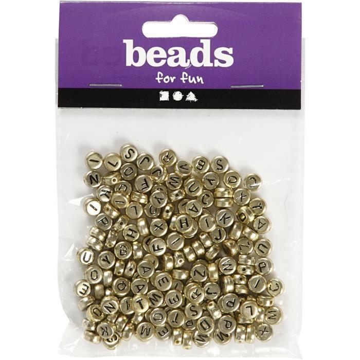 Round Beads with Letters of the Alphabet and Numbers Made of Golden Plastic with Black Printing On the Front and