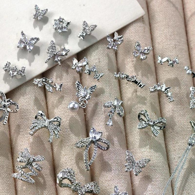 New Butterfly Zircon Rhinestone Nail Accessories Sparkling Rhinestone Bow Tie Chain Luxury French Nail Decoratio