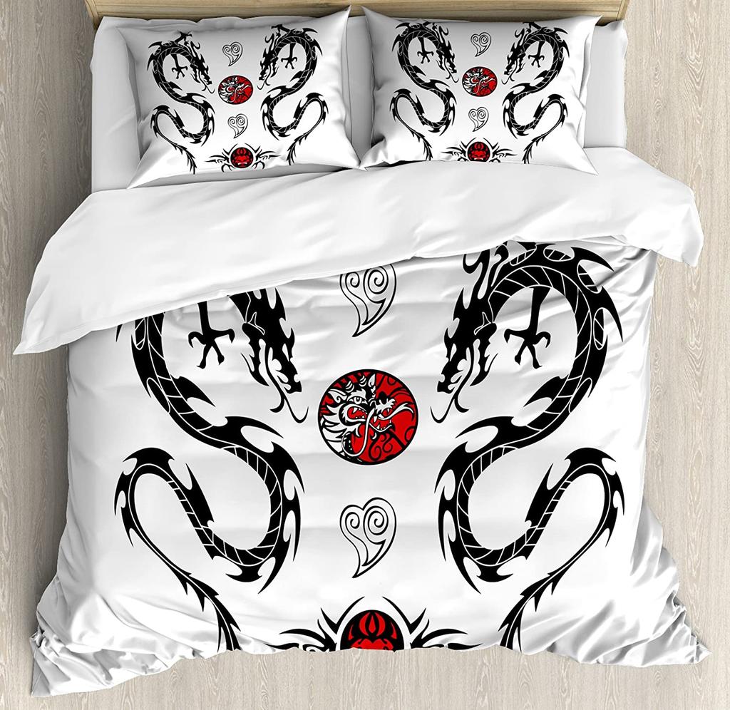 Japanese Dragon Bedding Set For Bedroom Bed Home Tribal Tattoo Style Asian Indigenous Cre Duvet Cover Quilt Cover And Pillowcase