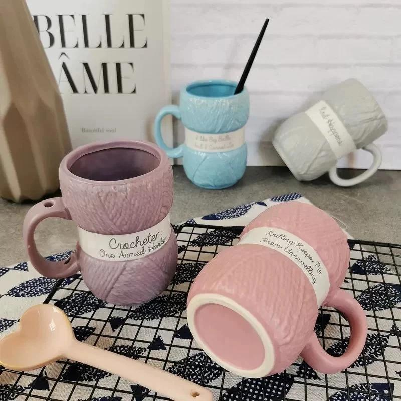 Multi Colored Ceramic Mugs Wool Knit Style Ceramic Coffee Mug Fun Milk Tea Cup with Handle Office Drinkware Cup Christmas Gifts