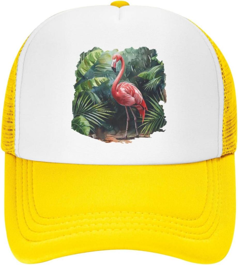 Flamingo Watercolor Palm Leaves Mesh Trucker Hat Adjustable Snapback Baseball Cap for Men Women