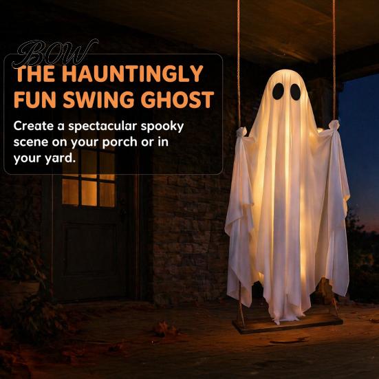 Funny Halloween Yard Art Hanging Swinging Ghost Decoration, LED Light Up Large Spooky Holiday Garden Decor with Remote Control for Outside Porch Tree,