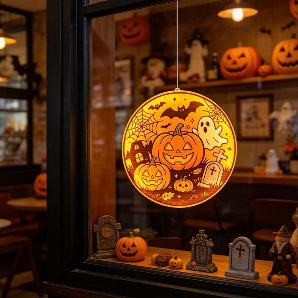 Warm Yellow Glow Pumpkin Hanging Lamp Ghost Silhouette Light Holiday House Decoration