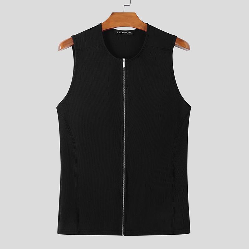 INCERUN Men Summer Sleeveless Rib Front Zipper Casual Sport Fitted Tank Tops