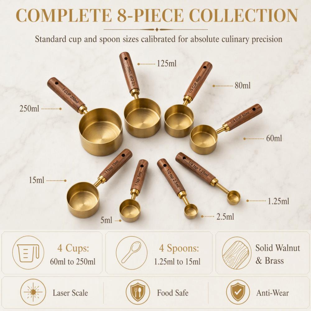 8Pcs Wooden Handle Measuring Spoon Set Gold Brown Baking Measuring Tool Home Kitchen