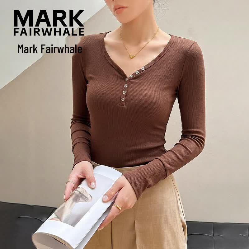 Mark Fairwhale Women's V-Neck Slim-Fit Long Sleeve T-Shirt