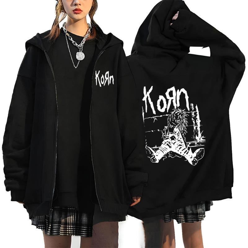 Korn Rock Band Letter Logo Zipper Hoodie Men's Metal Gothic Vintage Oversized Zip Up Hoodies Streetwear Punk Sweat Shirts Jacket