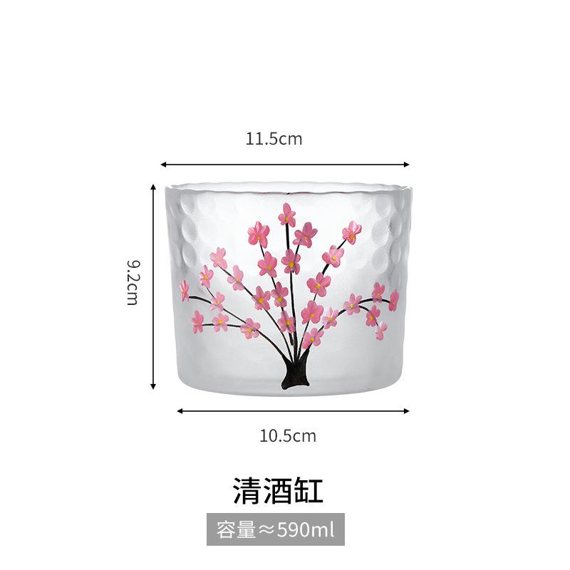 Sada na saké Sakura v japonském stylu, láhev na víno, šálky, ručně malovaný design, vintage saké, průhledné sklo, párty sada na víno, pohár na vodu