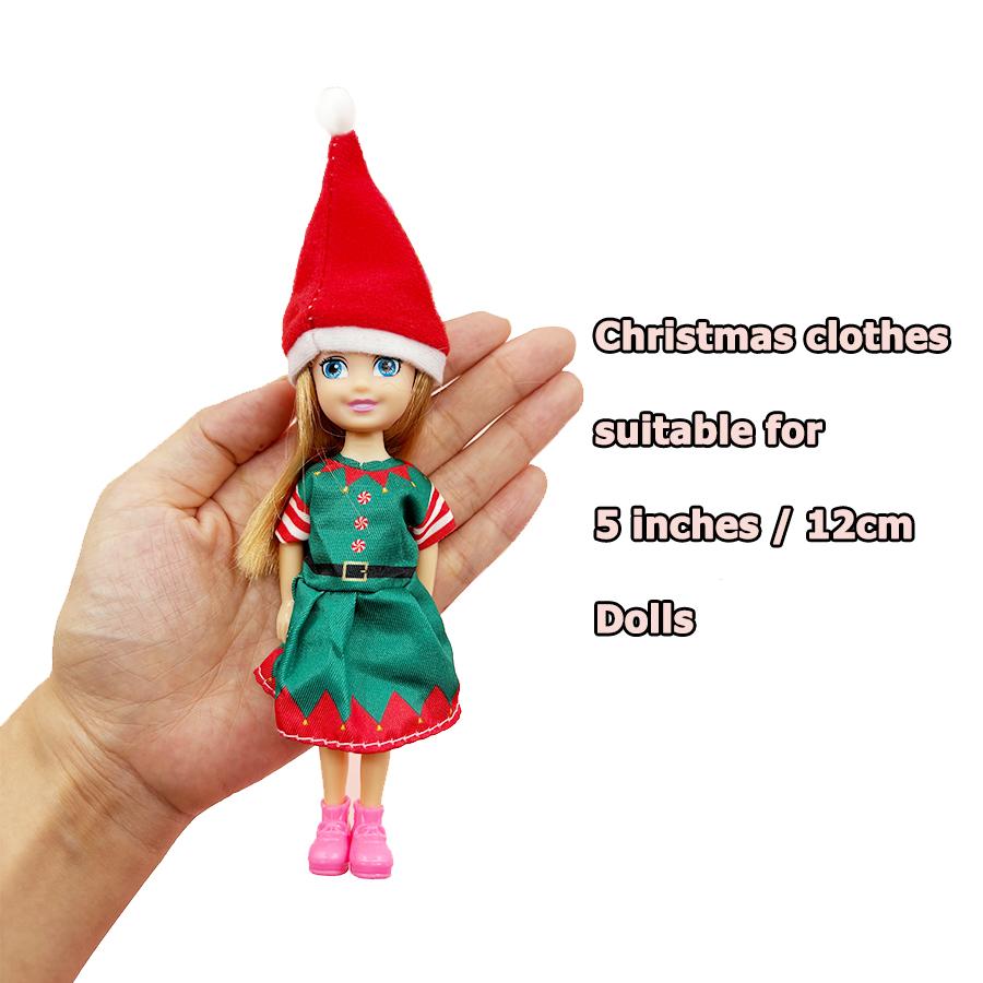 6PCS Fashion Xmas Day Outfic Dresses Designed for 5 In/12cm Dolls Clothes Featuring Cap Doll Accessories Xmas Present Designed for Children Playthings