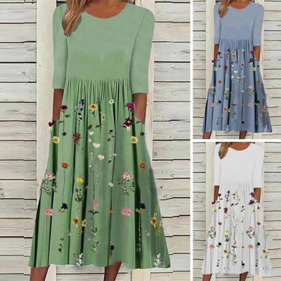 Vestido Midi Fluido de Verano para Mujer Vestido Boho Floral Plisado con Bolsillos Casual Manga Corta Cuello Redondo Vestido Swing