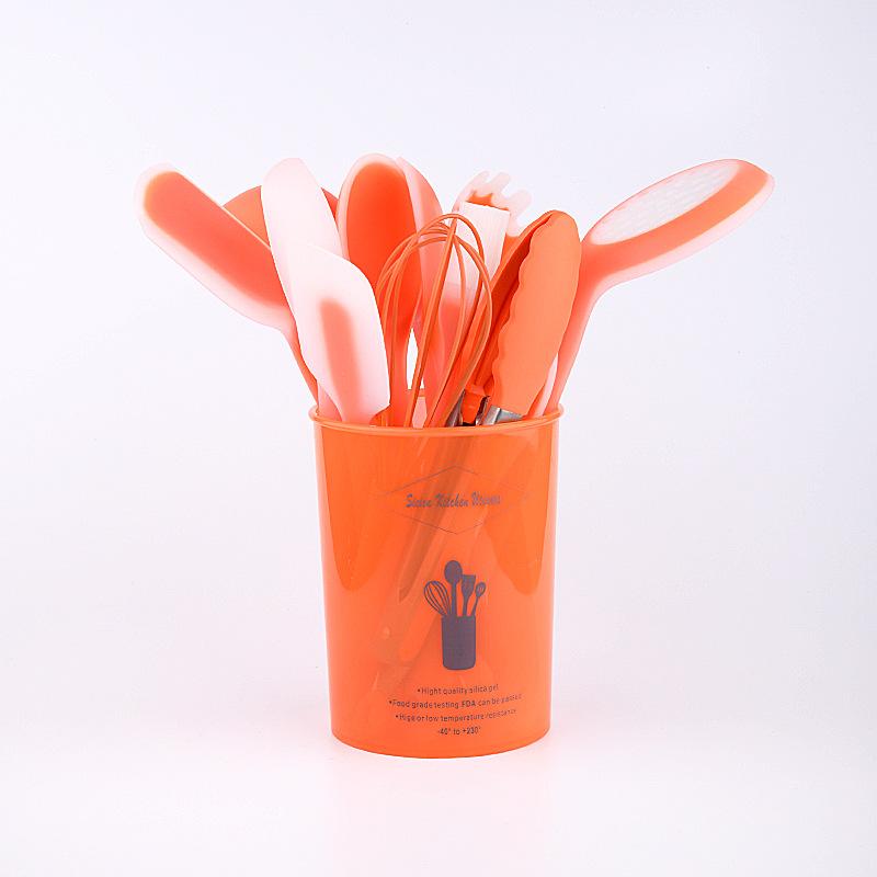 

12 шт./набор силиконовых кухонных принадлежностей с ведром для хранения, устойчивым к высоким температурам и антипригарным покрытием, ложкой-лопаткой Orange color box