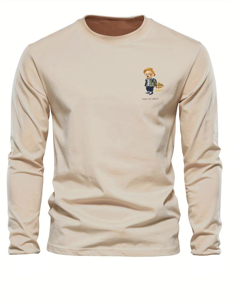 100% Pure Cotton Men's Long Sleeved Round Neck Loose Travel Bear Pattern Printed Spring and Autumn Casual Versatile T-Shirt Top