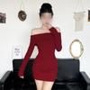 Retro Spice Girl Sexy Royal Sister One-word Shoulder Knitted Casual Women's Dress Little Mom Feeling Fishbone Waist Hip Wrap Short Skirt