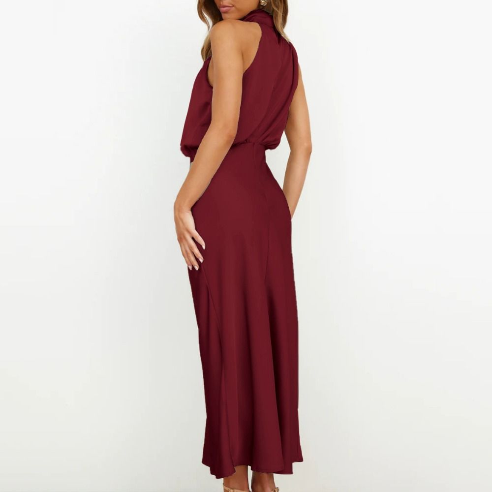 Pure Color Sleeveless Skirt Satin Silk Holiday Party Dress Fashion Long Evening Dress  Club