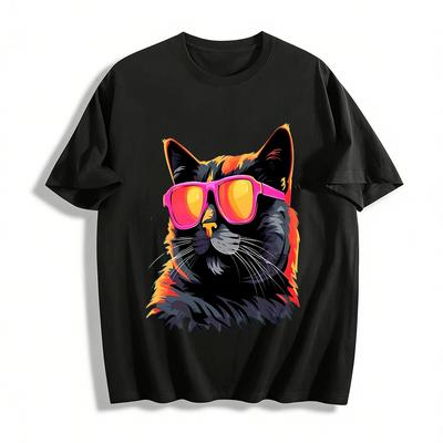 Cool Sunglasses Cat Print Casual T-Shirt Unisex Versatile Top Pure Cotton T-shirt