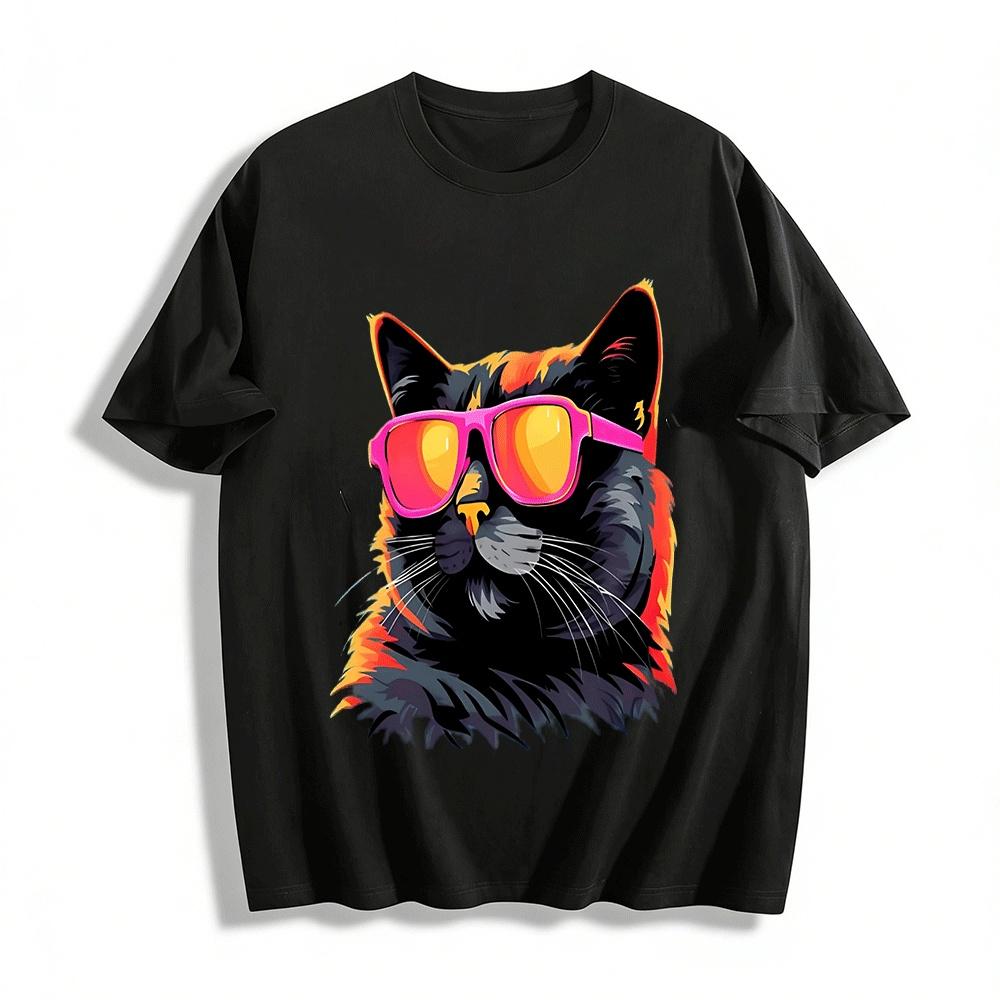 Cool Sunglasses Cat Print Casual T-Shirt Unisex Versatile Top Pure cotton T-shirt XXS