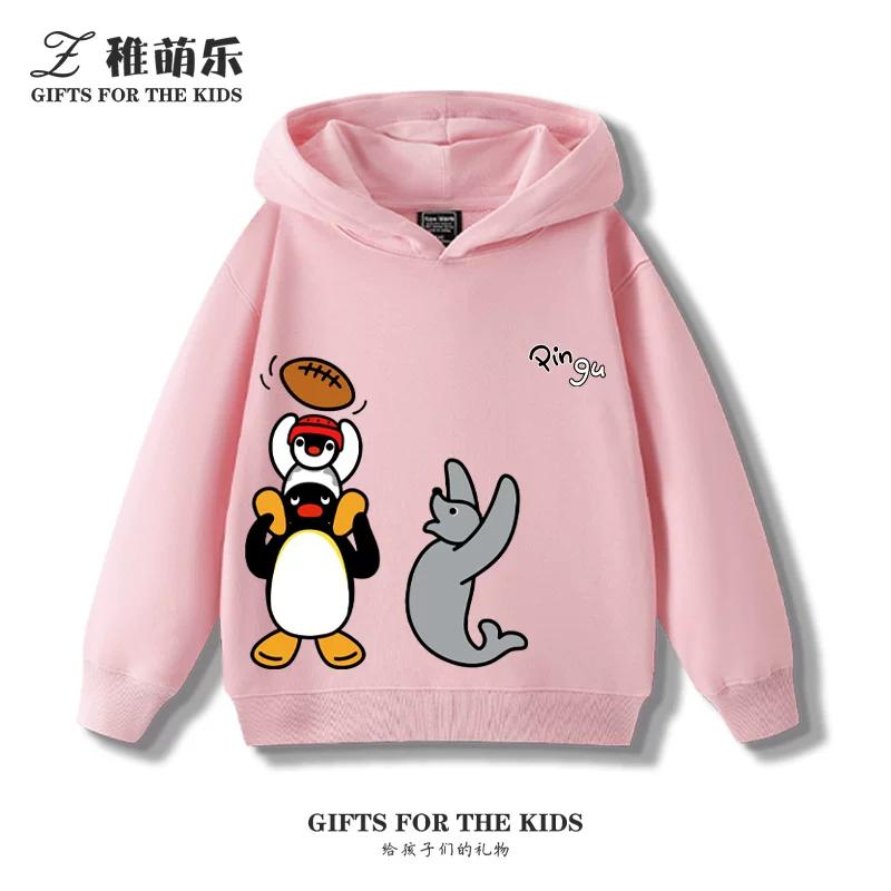 Kids' Fleece-Lined Hooded Sweatshirt with Fun Cartoon Penguin Print – Warm Pullover for Boys and Girls (Autumn/Winter)