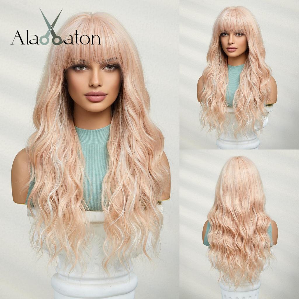 ALAN EATON Lange blonde gewellte synthetische Perücken mit Pony, gewellte Perücke für Frauen, Cosplay, täglicher natürlicher Gebrauch, hitzebeständige Faser