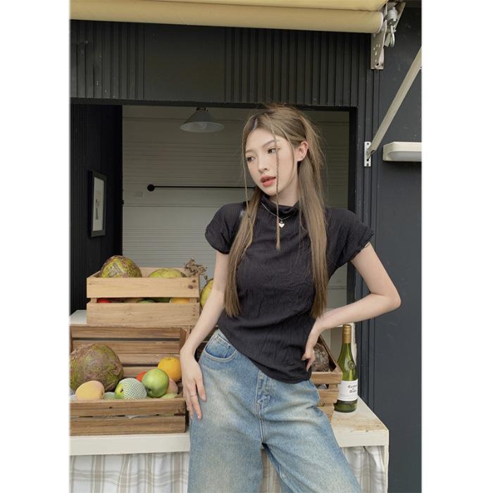 

American retro front shoulder short-sleeved t-shirt women s summer slim-fit waist pleated design sense niche semi-turtleneck top tide XL чорний